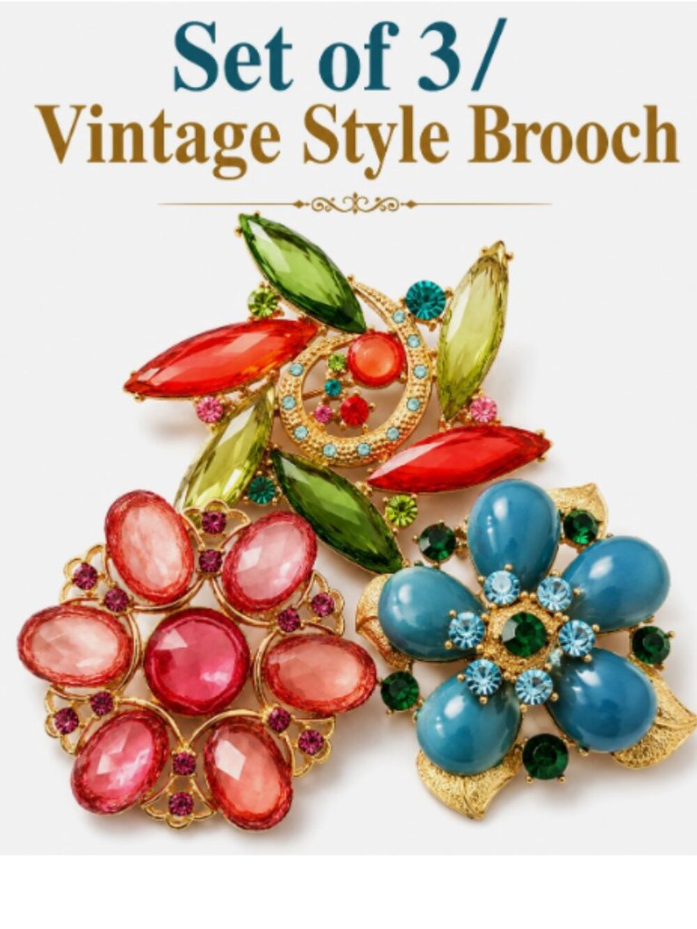(Set of 3) Pink Vintage Style Cute Flower Floral Blue Brooch Pendant Charm Pin